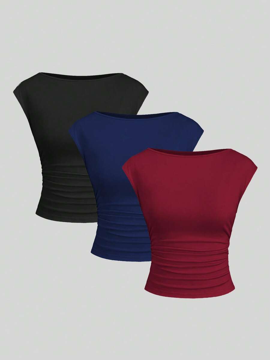 Sweetra 3pcs/Set Sexy Backless Breathable Moisture-Wicking Fitted Short Sleeve Top/T-Shirt For Women
