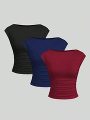 Sweetra 3pcs/Set Sexy Backless Breathable Moisture-Wicking Fitted Short Sleeve Top/T-Shirt For Women