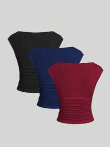 Sweetra 3pcs/Set Sexy Backless Breathable Moisture-Wicking Fitted Short Sleeve Top/T-Shirt For Women