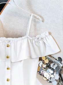 Franclia Women's Summer Solid Color Ruffle Trim Front Button Off Shoulder Blouse