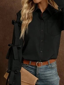 Women's Solid Color Bow Decor Long Sleeve Single-Breasted Shirt Spring Black