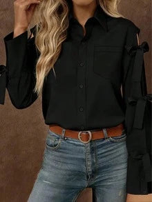 Women's Solid Color Bow Decor Long Sleeve Single-Breasted Shirt Spring Black