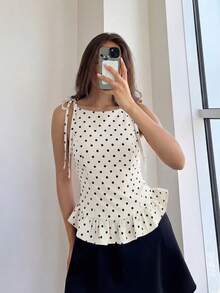 New Elegant & Fashionable Sleeveless Women Polka Dot Ruffle Hem Casual Blouse, Suitable For Daily, Commuting, Sexy Date, All Seasons Summer