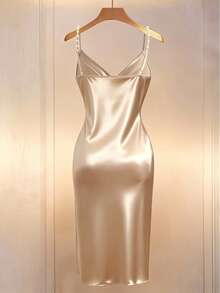 Franclia French-Style Elegant Champagne White Gold Summer Seductive Bar Party Bodycon Dress,Pearl Beaded Strap Crossover Neckline Slit Satin Maxi Gown Women's