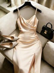 Franclia French-Style Elegant Champagne White Gold Summer Seductive Bar Party Bodycon Dress,Pearl Beaded Strap Crossover Neckline Slit Satin Maxi Gown Women's