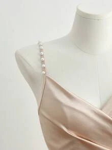 Franclia French-Style Elegant Champagne White Gold Summer Seductive Bar Party Bodycon Dress,Pearl Beaded Strap Crossover Neckline Slit Satin Maxi Gown Women's