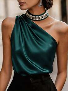 SHEIN Women's Dark Green Elegant Satin Camisole,Pearl Collar Decor,Ruched Shoulder,Summer Dinner Date,Minimalist Retro Office Daily Christmas & New Year
