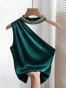 SHEIN Women's Dark Green Elegant Satin Camisole,Pearl Collar Decor,Ruched Shoulder,Summer Dinner Date,Minimalist Retro Office Daily Christmas & New Year