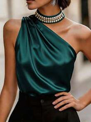 SHEIN Women's Dark Green Elegant Satin Camisole,Pearl Collar Decor,Ruched Shoulder,Summer Dinner Date,Minimalist Retro Office Daily Christmas & New Year