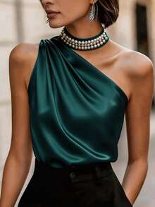 SHEIN Women's Dark Green Elegant Satin Camisole,Pearl Collar Decor,Ruched Shoulder,Summer Dinner Date,Minimalist Retro Office Daily Christmas & New Year