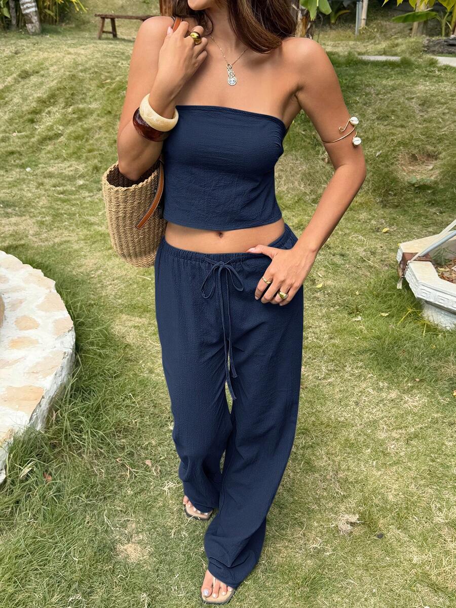 2kom/Set  Tube Top Bez Leđa & Visoki Struk Široke Pantalone