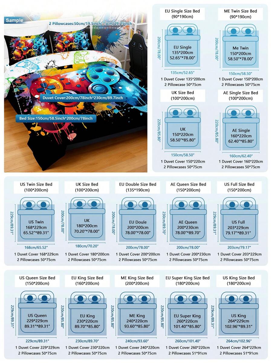 Posteljina sa dizajnom gejming kontrolera, 3 komada, plava/crna/siva i crvena/crna/siva