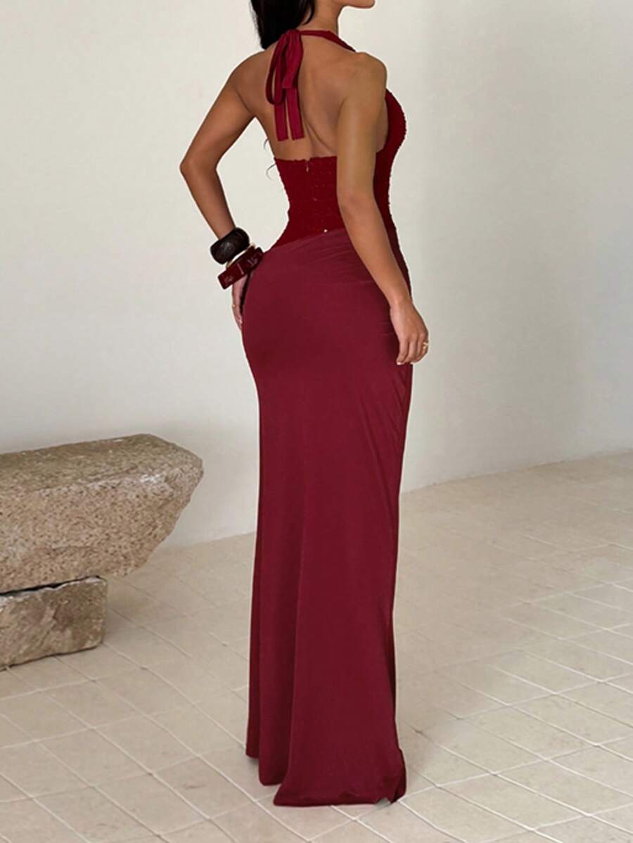 Elegantna Letnja Čipkana Haljina sa Halter Ovratnikom