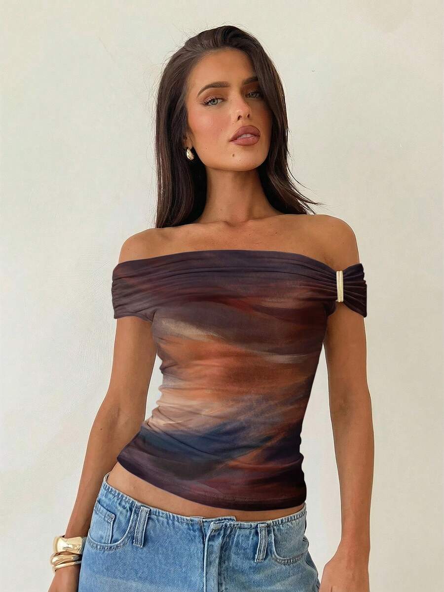 Aloruh Brown Tie-Dye Print Metal Decor Asymmetric Shoulder Knit T-Shirt