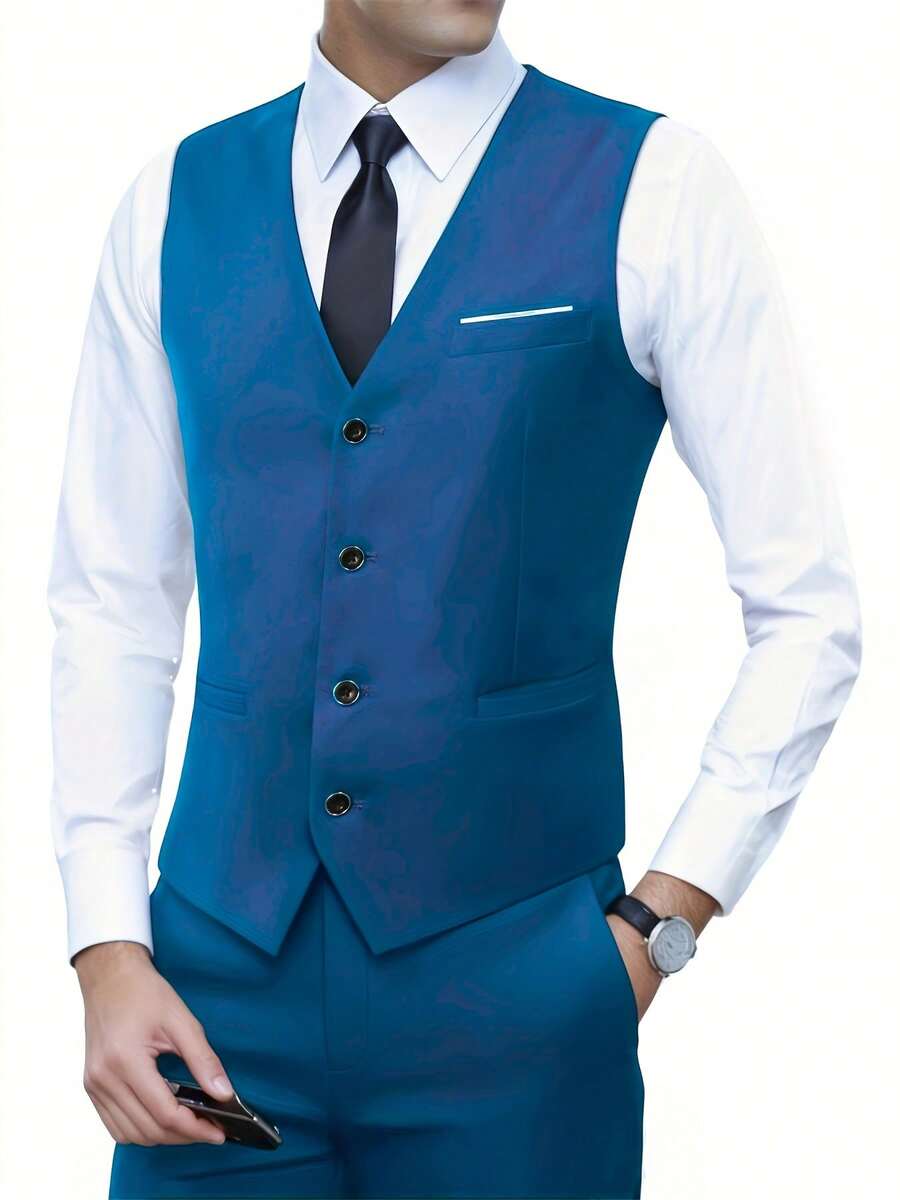 Muški set od 3 dela u jednoj boji, slim fit, rastegljiv, uključuje sako, prsluk i pantalone