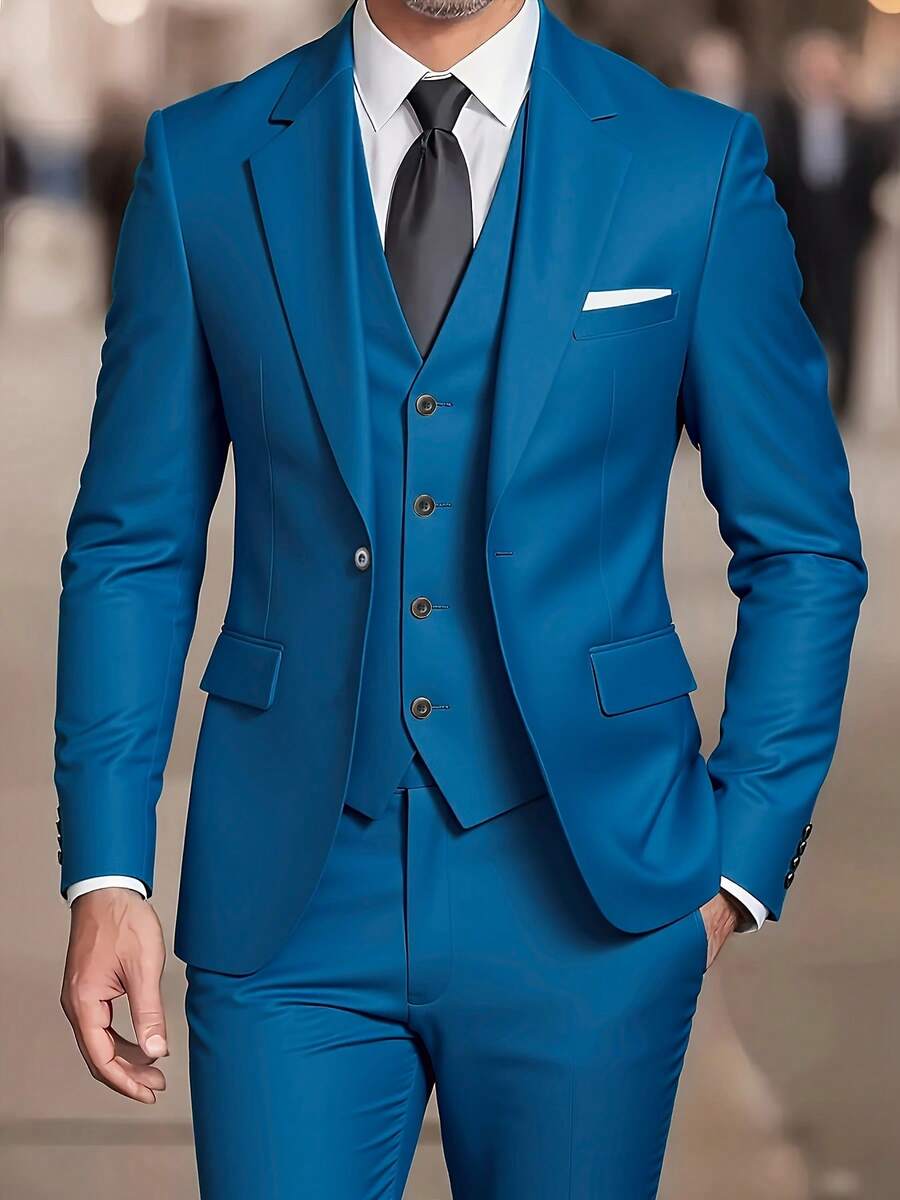 Muški set od 3 dela u jednoj boji, slim fit, rastegljiv, uključuje sako, prsluk i pantalone