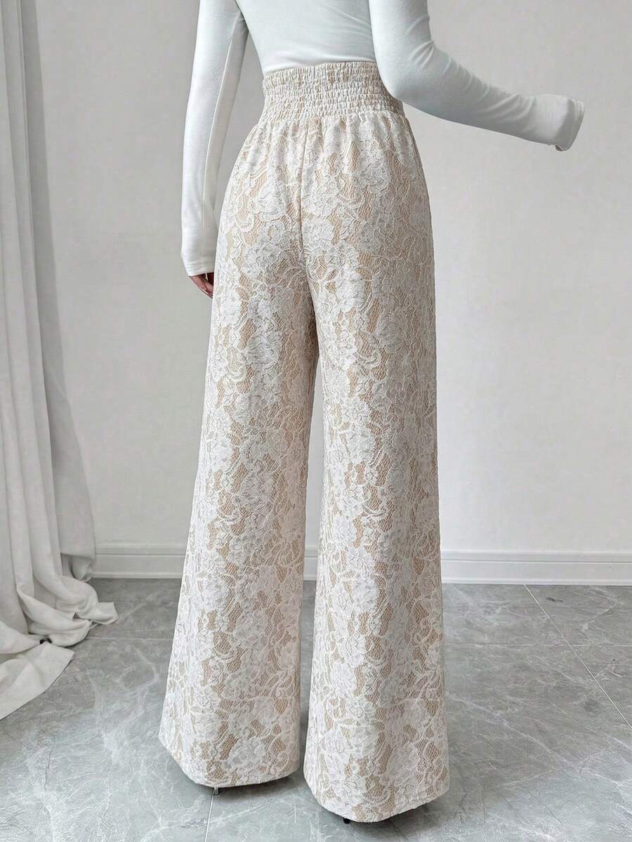 Ženske letnje elegantne pantalone sa čipkom i raširenim nogavicama, visokog struka