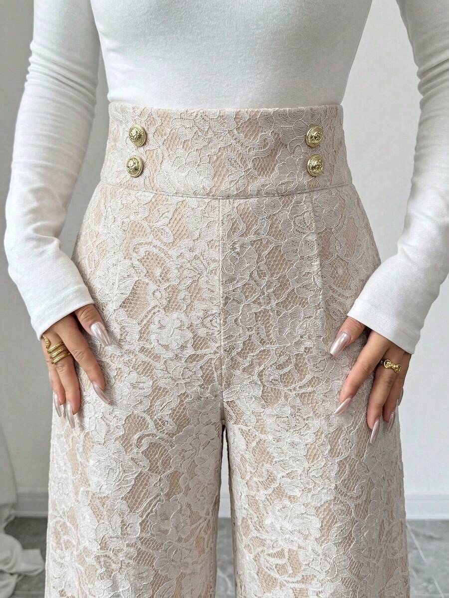 Ženske letnje elegantne pantalone sa čipkom i raširenim nogavicama, visokog struka