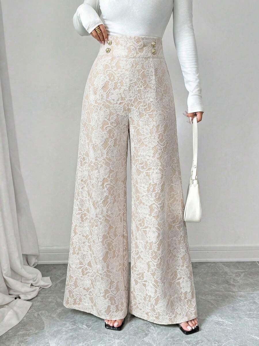 Ženske letnje elegantne pantalone sa čipkom i raširenim nogavicama, visokog struka