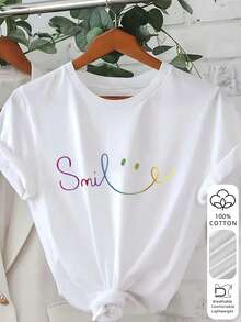 Women's Gradient Smiling Face Print T-Shirt, 100% Cotton Material, Lightweight And Soft, Y2K Rainbow Style White