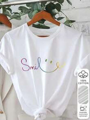 Women's Gradient Smiling Face Print T-Shirt, 100% Cotton Material, Lightweight And Soft, Y2K Rainbow Style White