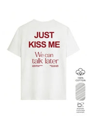 Women's Summer 100% Cotton Vintage Cartoon English Graphic Print Short Sleeve T-Shirt, Retro Round Neck With Back Print And Mini Logo On Front, Casual Street Style Top White