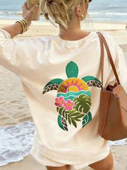 Women's Tropical Sea Turtle Print Loose Casual Round Neck Short Sleeve Vacation Top, Summer
