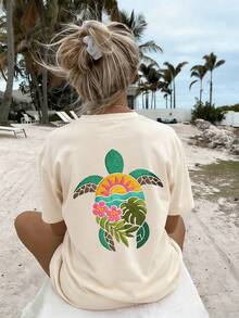 Women's Tropical Sea Turtle Print Loose Casual Round Neck Short Sleeve Vacation Top, Summer