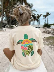 Women's Tropical Sea Turtle Print Loose Casual Round Neck Short Sleeve Vacation Top, Summer