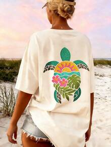 Women's Tropical Sea Turtle Print Loose Casual Round Neck Short Sleeve Vacation Top, Summer
