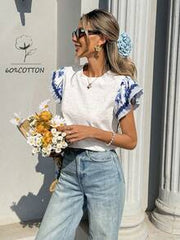 SHEIN Holidaya Women's Elegant White And Blue Floral Ruffle Sleeve T-Shirt,Summer Cotton Boho Top,Cute Flower Short Sleeve Blouses For Tea Party Spring Clothes