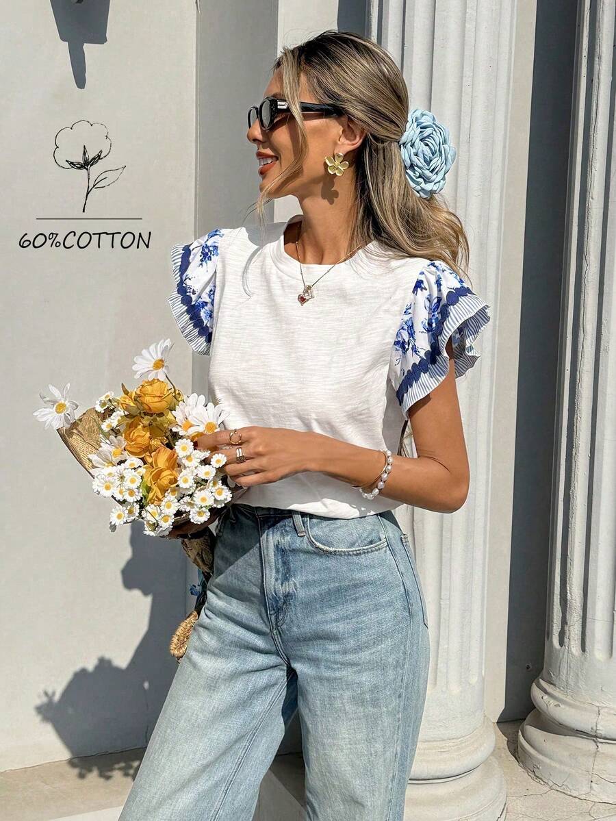 SHEIN Holidaya Women's Elegant White And Blue Floral Ruffle Sleeve T-Shirt,Summer Cotton Boho Top,Cute Flower Short Sleeve Blouses For Tea Party Spring Clothes
