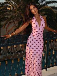Aloruh Women's Pink And Brown Polka Dot Deep V-Neck Ruched Waist Elegant Long Dress
