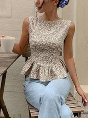 Serisse Women's Sleeveless Shirt With Jacquard Fabric And Ruffle Hem, Summer,Summer Top
