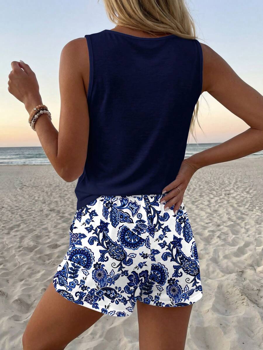 Ženski  Set Letnji Casual Top sa Okruglim Izrezom i Šorts