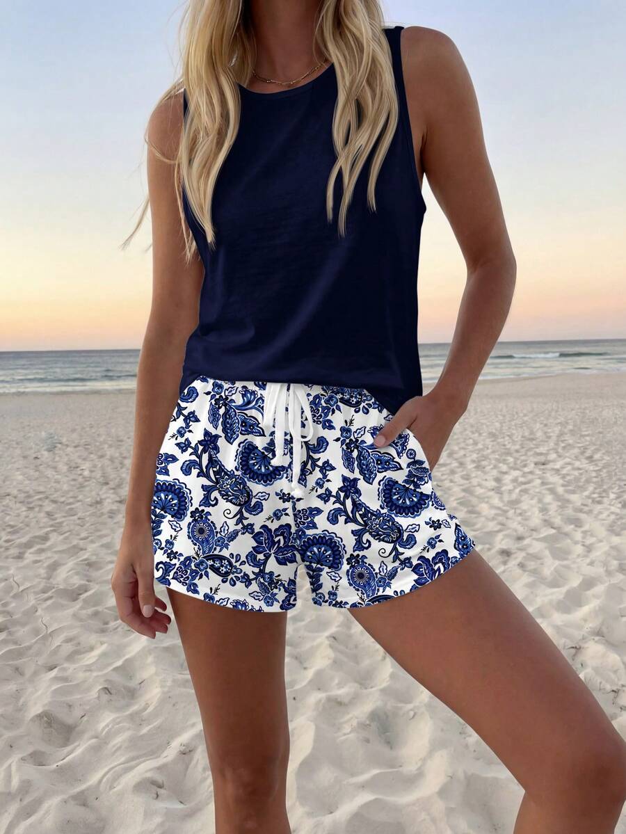 Ženski  Set Letnji Casual Top sa Okruglim Izrezom i Šorts