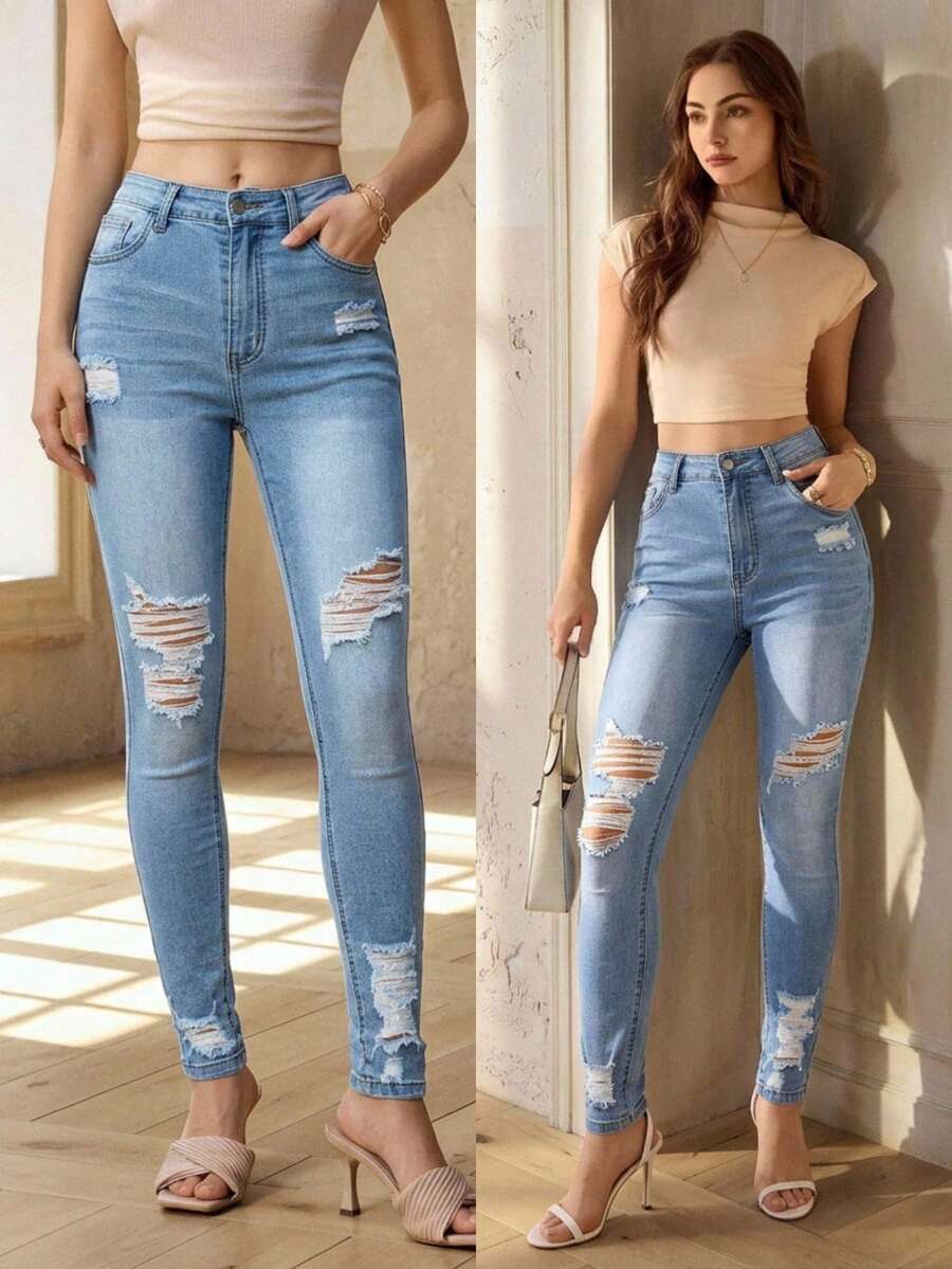 Ležerne uske farmerke jednobojne sa prcepima, novi letnji model
