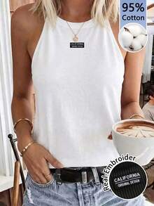SHEIN LUNE Women's 95% Cotton White Summer Basic Casual Vacation Halter Neck Tank Top,Tight-Fitting Embroidered Letter Pattern Chic Street Style Sleeveless Top