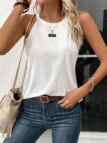 SHEIN LUNE Women's 95% Cotton White Summer Basic Casual Vacation Halter Neck Tank Top,Tight-Fitting Embroidered Letter Pattern Chic Street Style Sleeveless Top