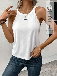 SHEIN LUNE Women's 95% Cotton White Summer Basic Casual Vacation Halter Neck Tank Top,Tight-Fitting Embroidered Letter Pattern Chic Street Style Sleeveless Top