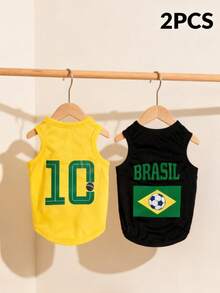 LUCKIE PAW 2pcs/Set World Cup Brazil Team Jersey Graphic Print Pet Vest, Physical Flea Repellent, Reduce Shedding, Breathable For Small/Large Dogs & Cats, Indoor/Outdoor