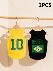 LUCKIE PAW 2pcs/Set World Cup Brazil Team Jersey Graphic Print Pet Vest, Physical Flea Repellent, Reduce Shedding, Breathable For Small/Large Dogs & Cats, Indoor/Outdoor