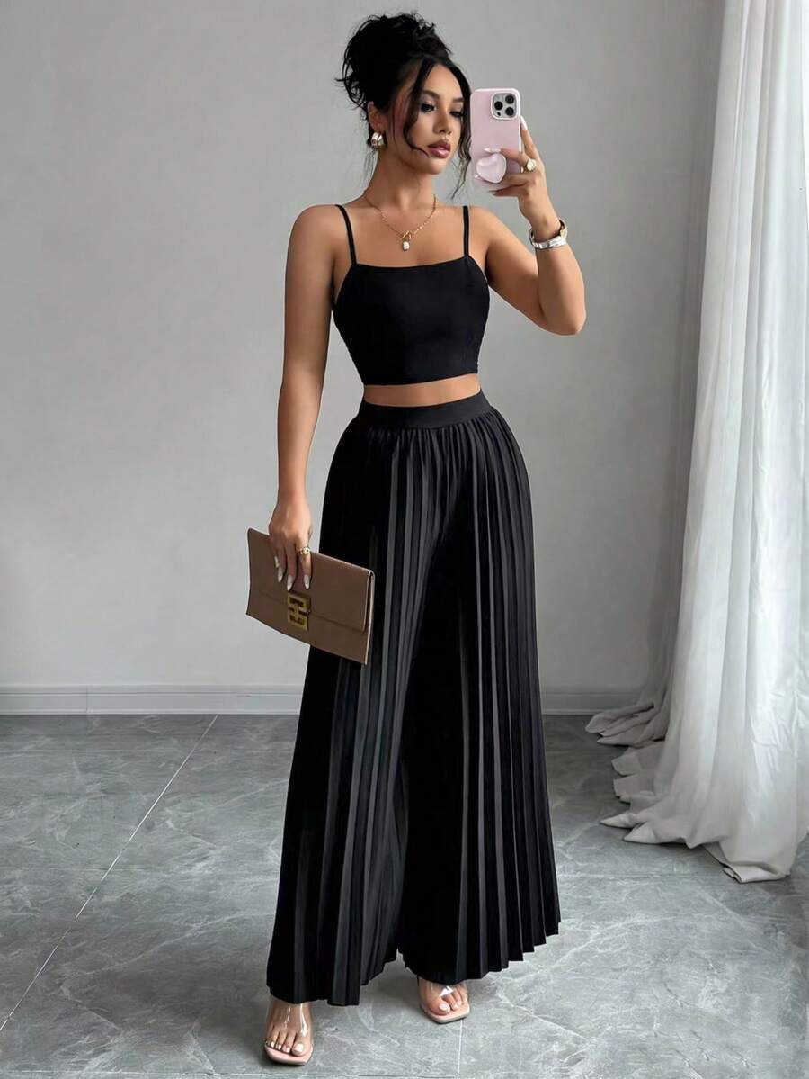 2kom/Set Elegantna Ženska Majica Bez Rukava i Plisirane Dugačke Pantalone