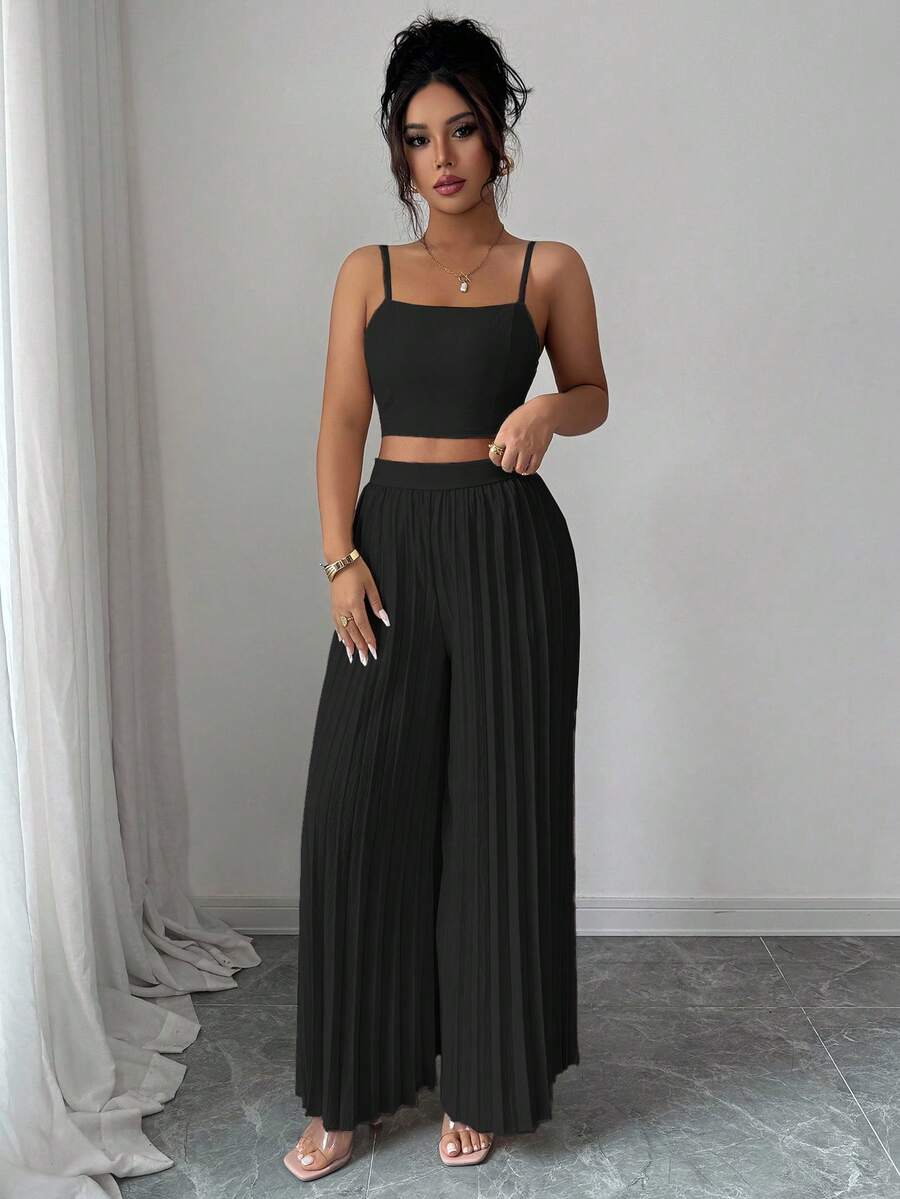 2kom/Set Elegantna Ženska Majica Bez Rukava i Plisirane Dugačke Pantalone