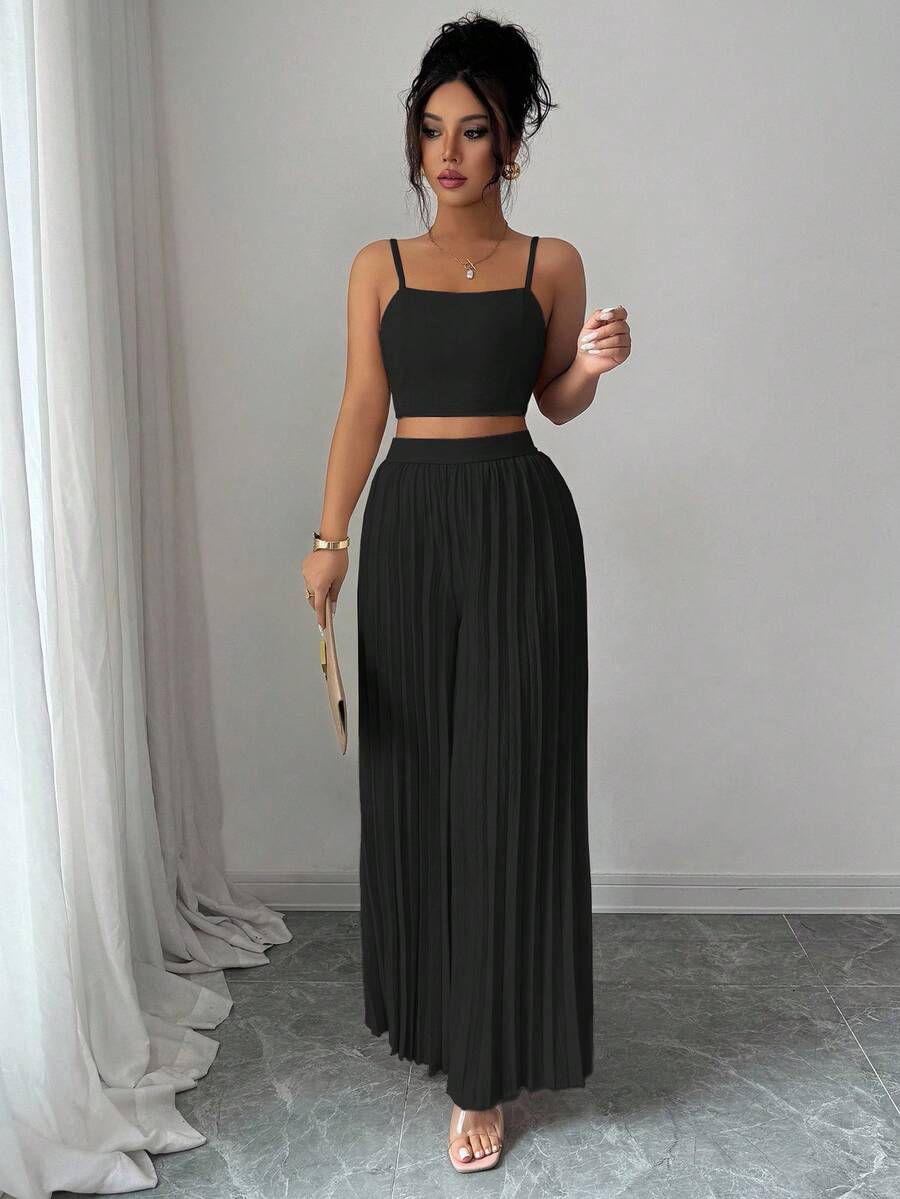 2kom/Set Elegantna Ženska Majica Bez Rukava i Plisirane Dugačke Pantalone