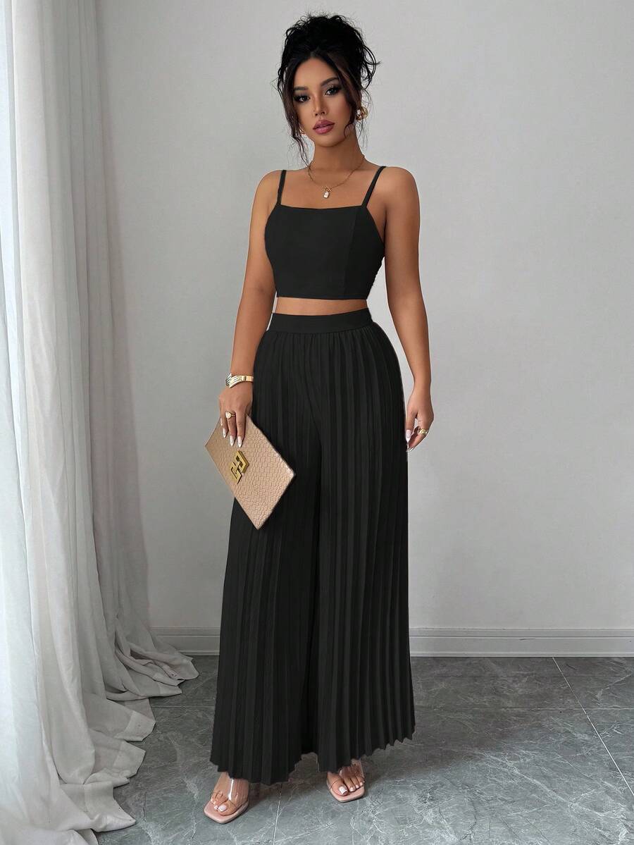 2kom/Set Elegantna Ženska Majica Bez Rukava i Plisirane Dugačke Pantalone