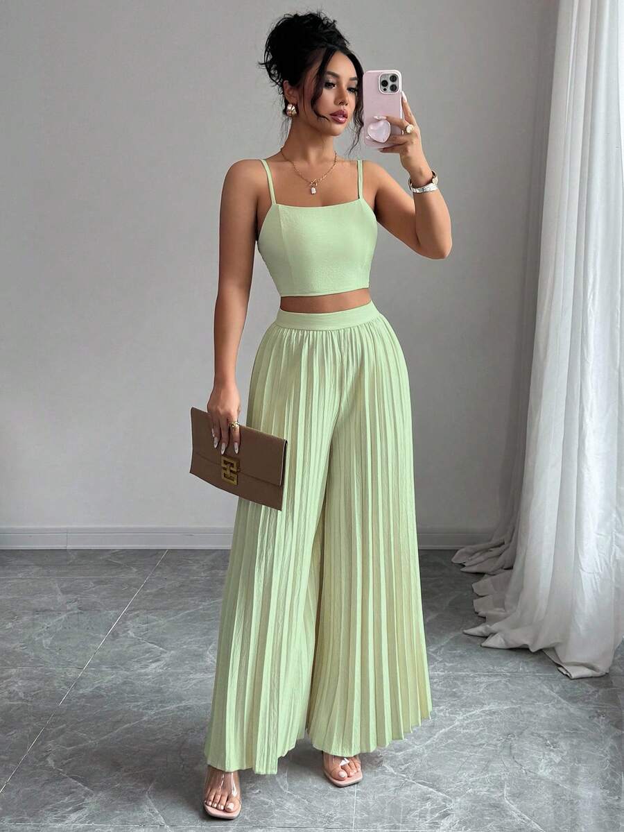 2kom/Set Elegantna Ženska Majica Bez Rukava i Plisirane Dugačke Pantalone
