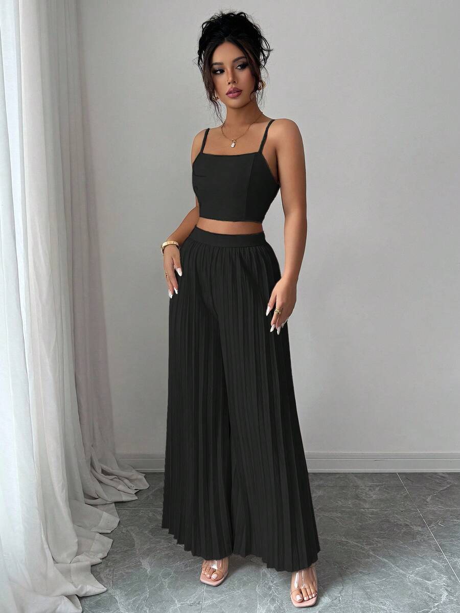 2kom/Set Elegantna Ženska Majica Bez Rukava i Plisirane Dugačke Pantalone
