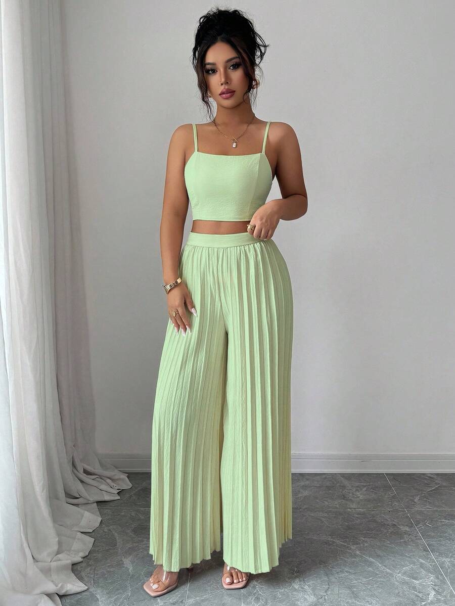 2kom/Set Elegantna Ženska Majica Bez Rukava i Plisirane Dugačke Pantalone