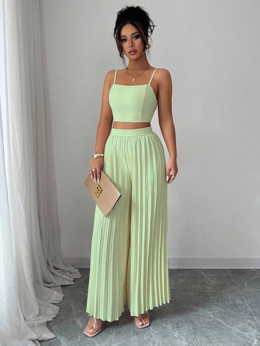 2kom/Set Elegantna Ženska Majica Bez Rukava i Plisirane Dugačke Pantalone